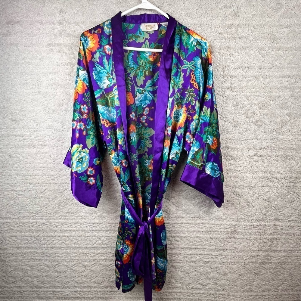 VICTORIA'S SECRET Vintage Gold Label Gown Robe Set Lounge Purple Floral Satin